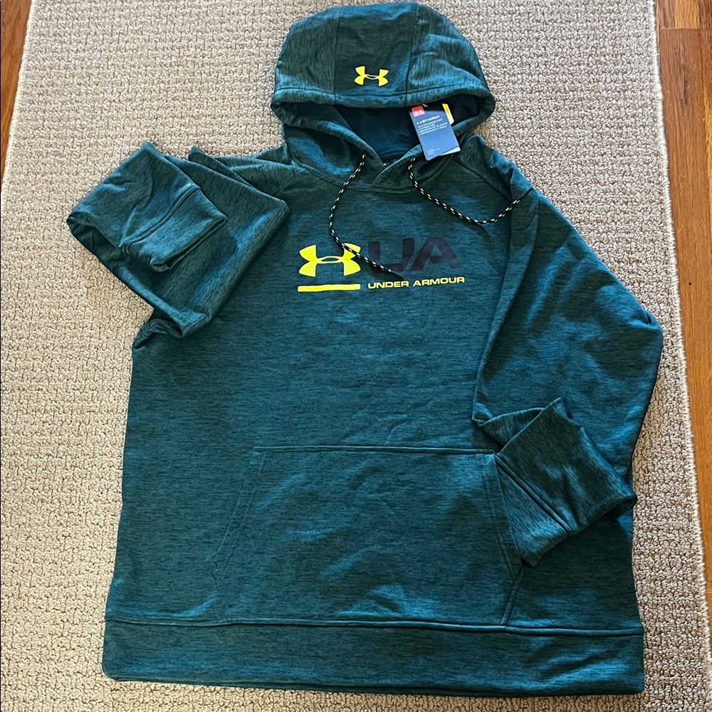 MENS NWT XL Under Armour Teal Hoodie with Yellow Accents pet & smoke free